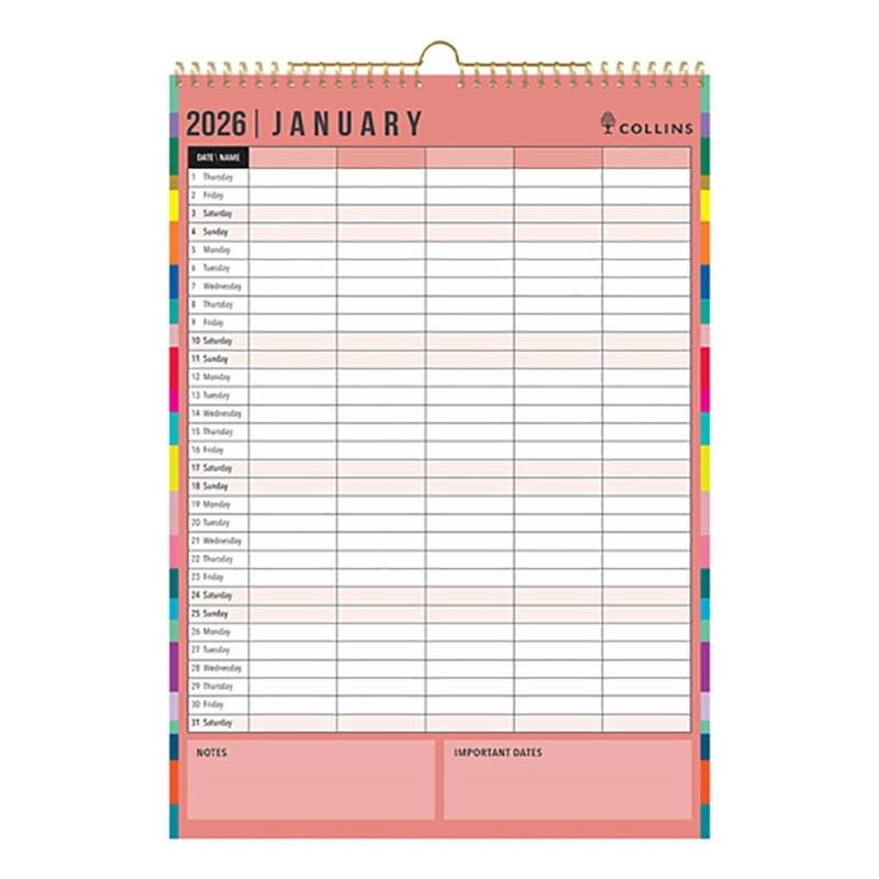 COLLINS EDGE RAINBOW WALL CALENDAR EDFC135 MONTH TO VIEW A3