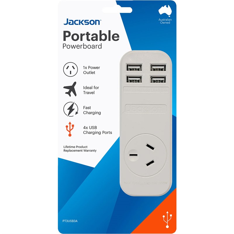 JACKSON POWERBOARD SINGLE OUTLET 4 USB OUTLETS 900MM WHITE